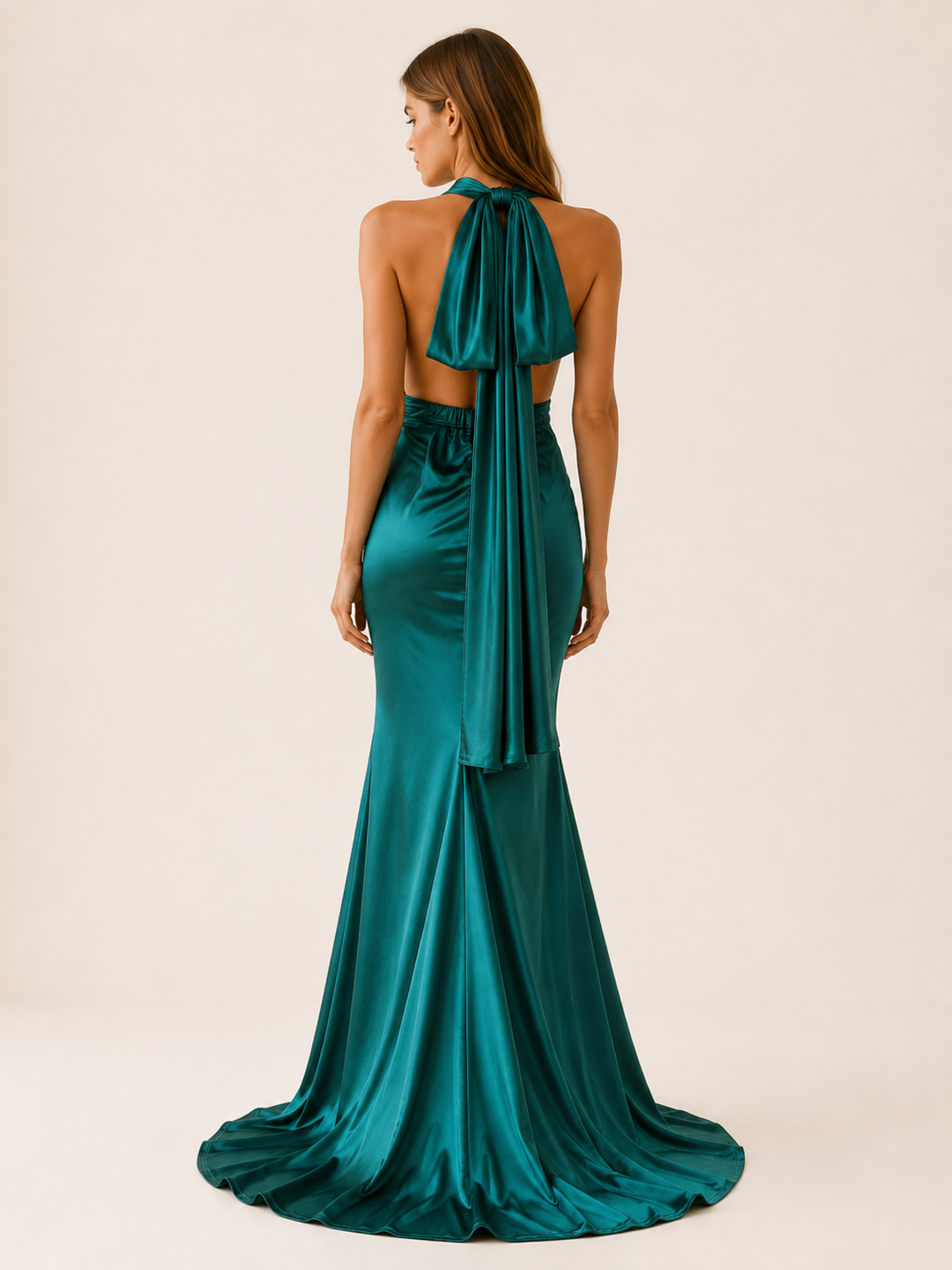 Green Plunge Neck Satin Maxi Dress – side view