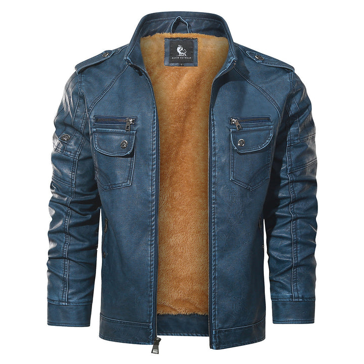 Royal Blue fleece biker jacket, front view on model