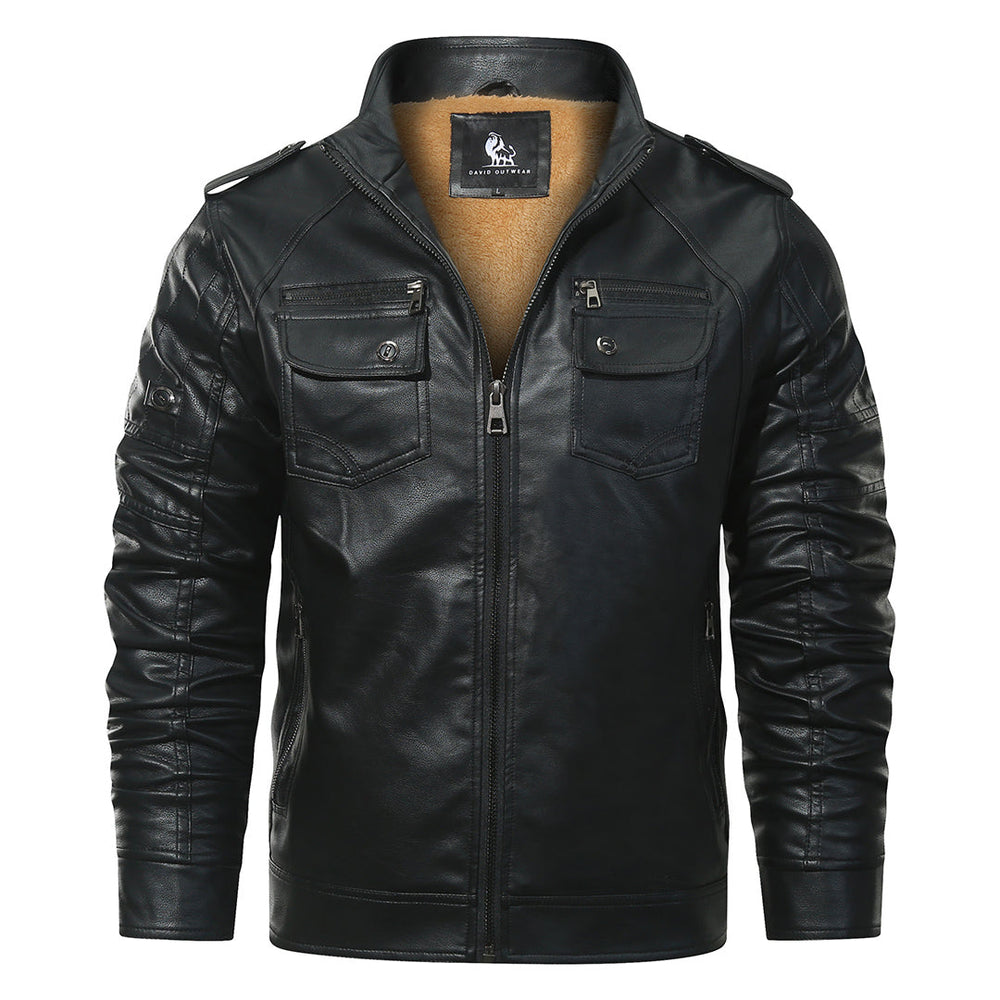 Black fleece biker jacket, side view showing biker cut