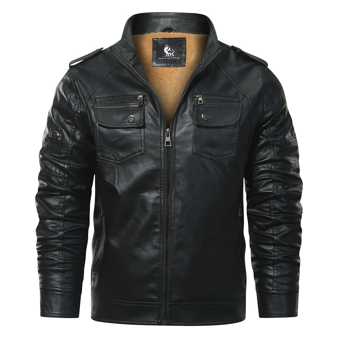 Black fleece biker jacket, side view showing biker cut