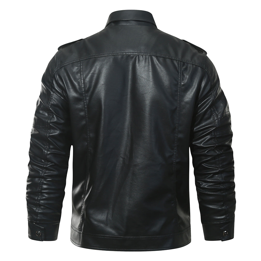 Black fleece biker jacket, back view