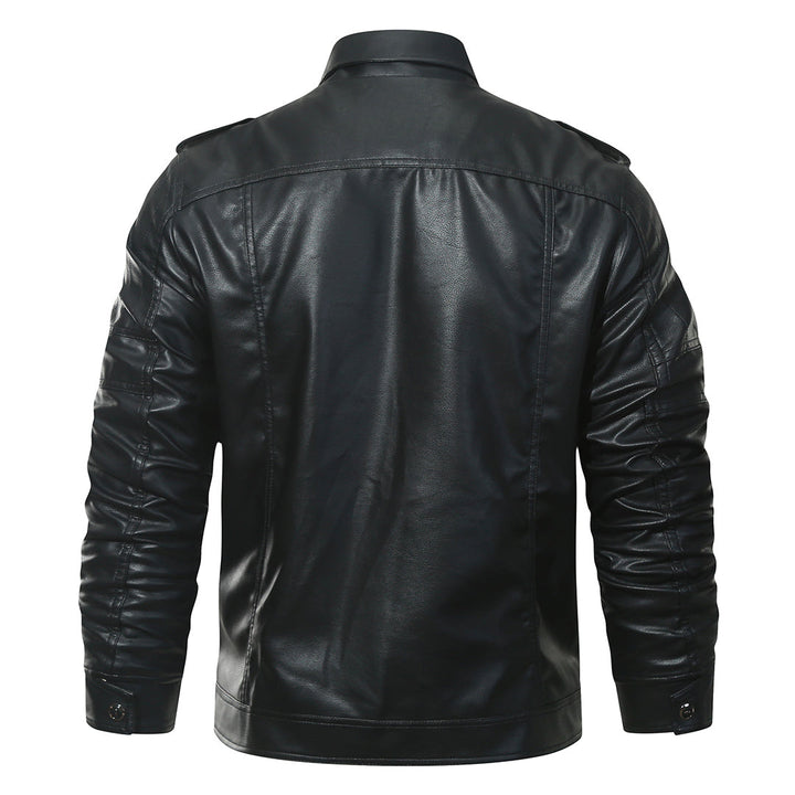 Black fleece biker jacket, back view