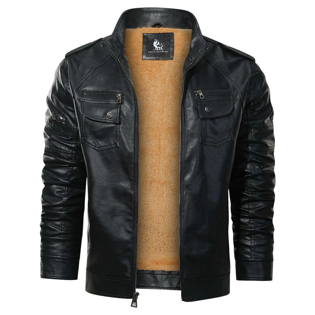 Black fleece biker jacket, front view on model