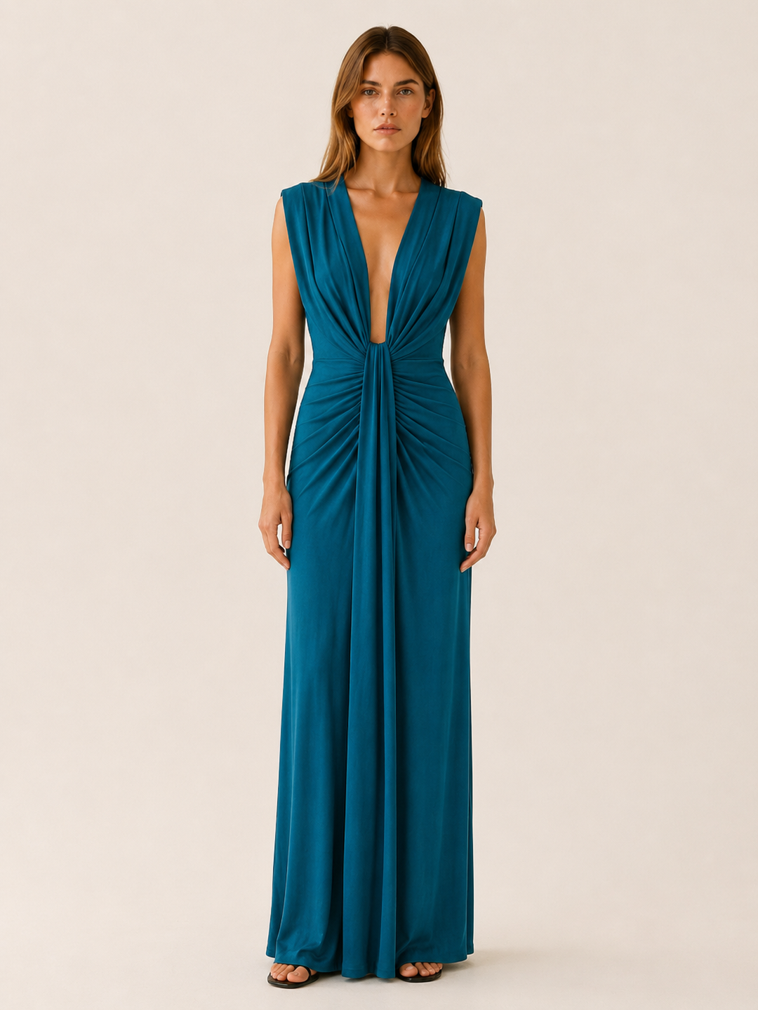 Blue Maxi Dress with Deep V Neck and Draped Front – front view
