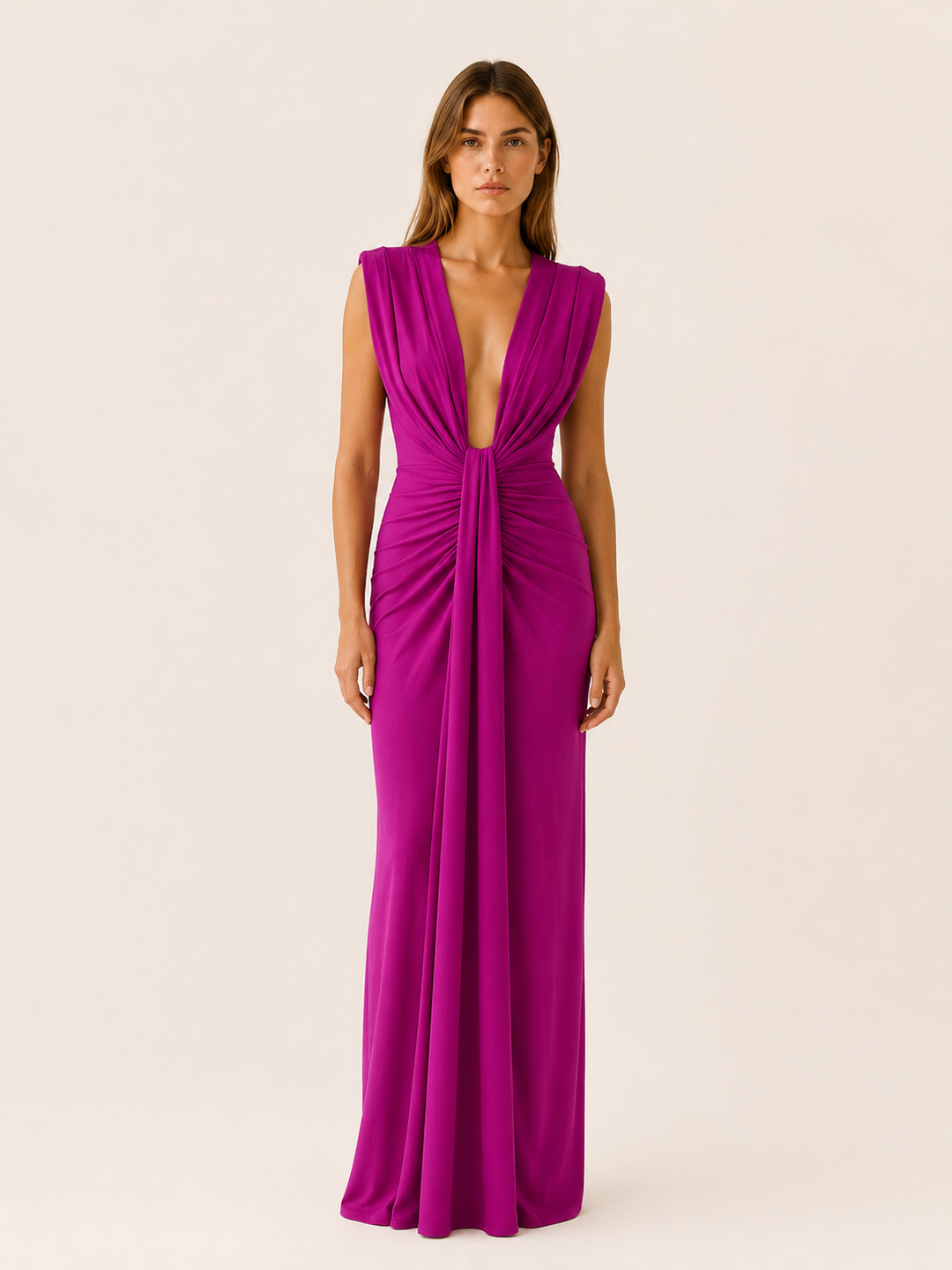 Blue Maxi Dress with Deep V Neck and Draped Front – model view