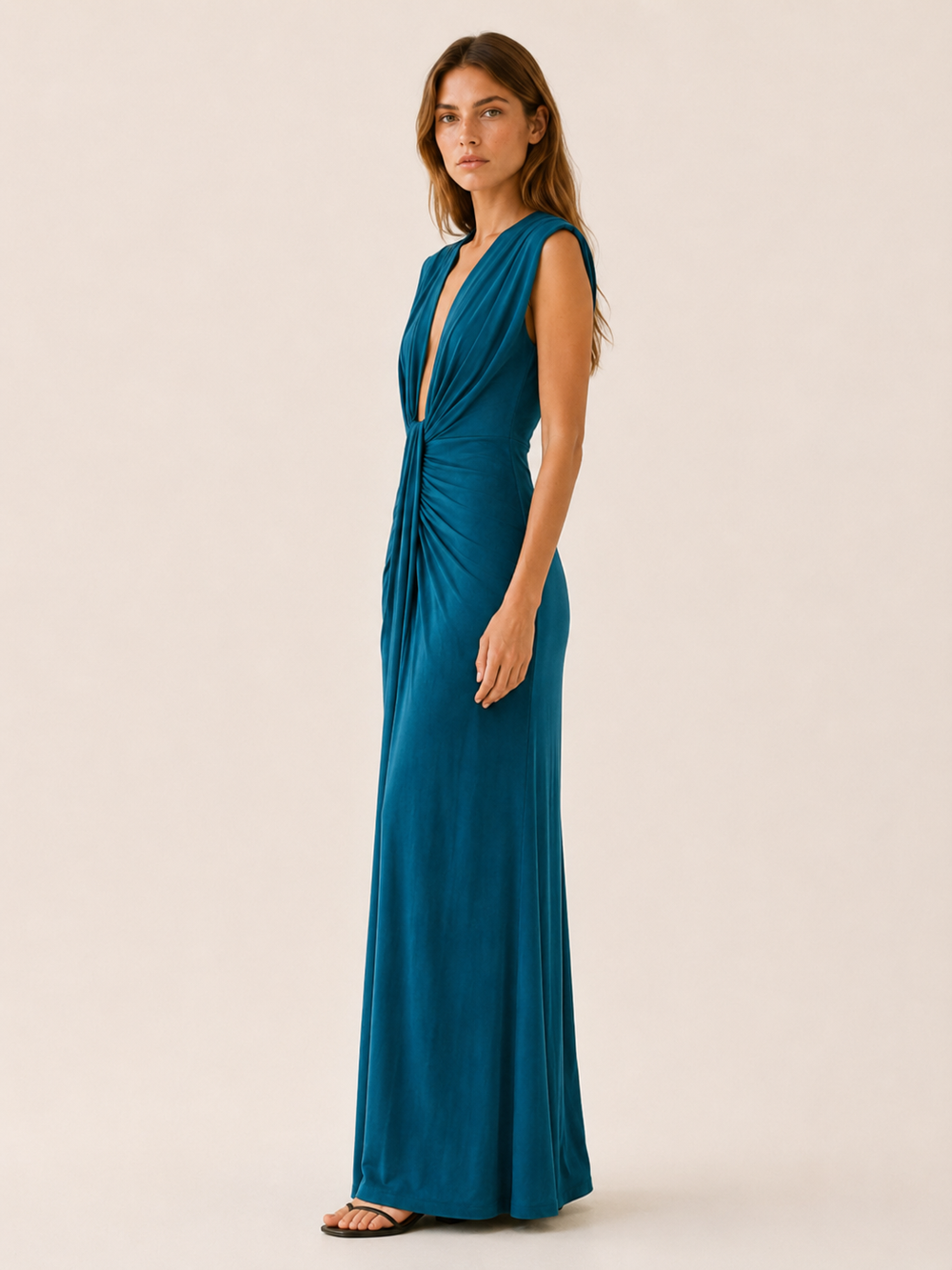 Blue Maxi Dress with Deep V Neck and Draped Front – side view