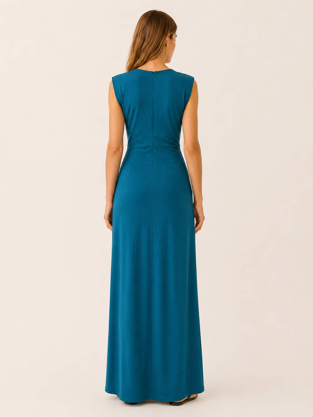 Blue Maxi Dress with Deep V Neck and Draped Front – back view