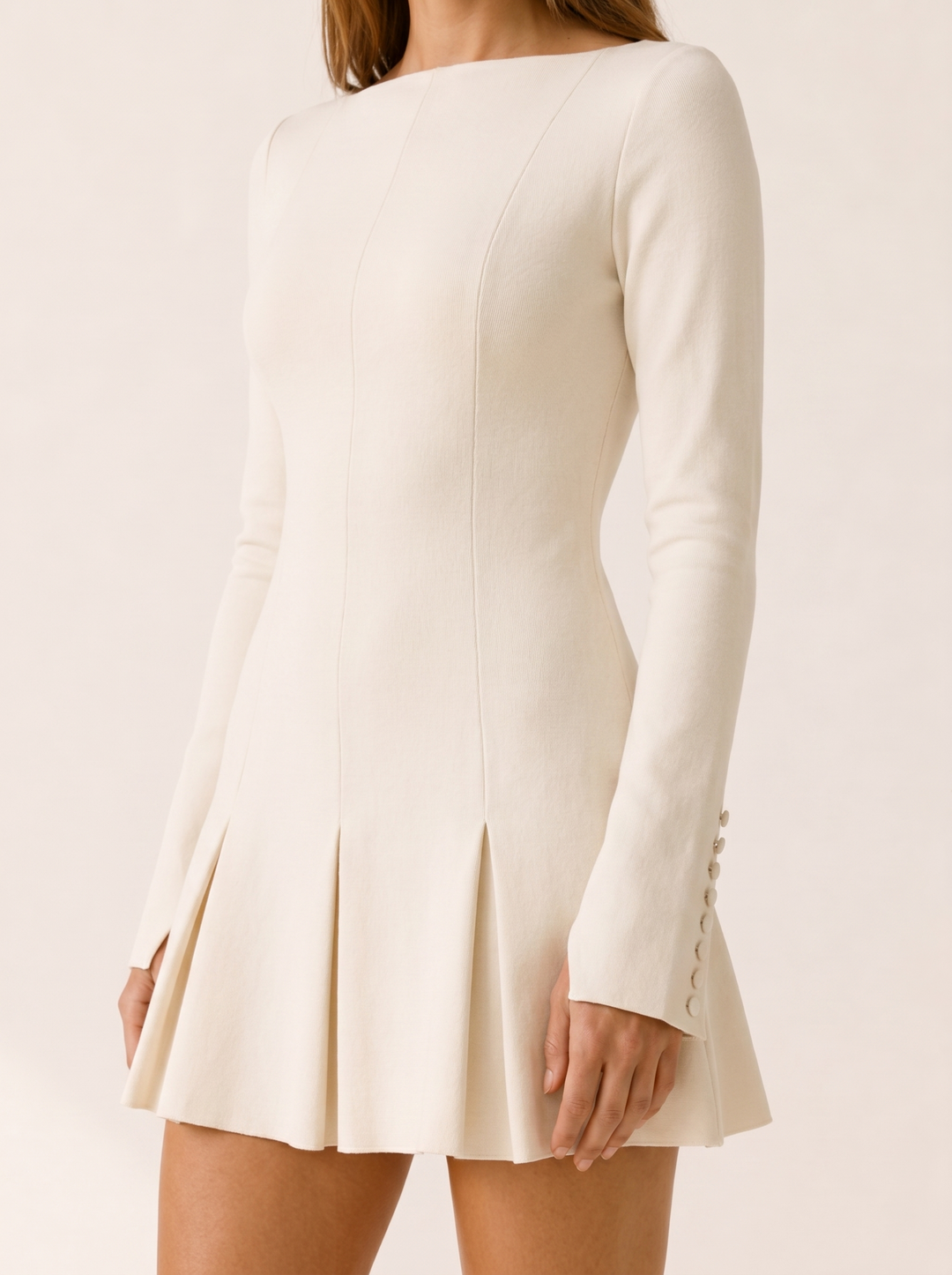 Black Mini Dress with Boat Neck and Flared Cuffs – detail view