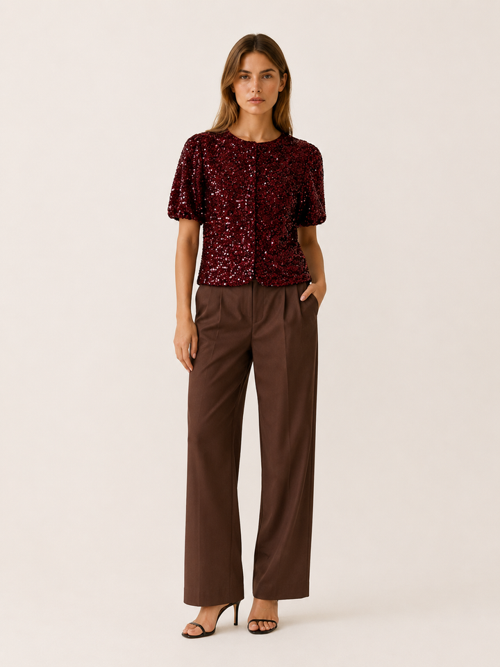 Crimson Sequin Top with Puff Sleeves – front view