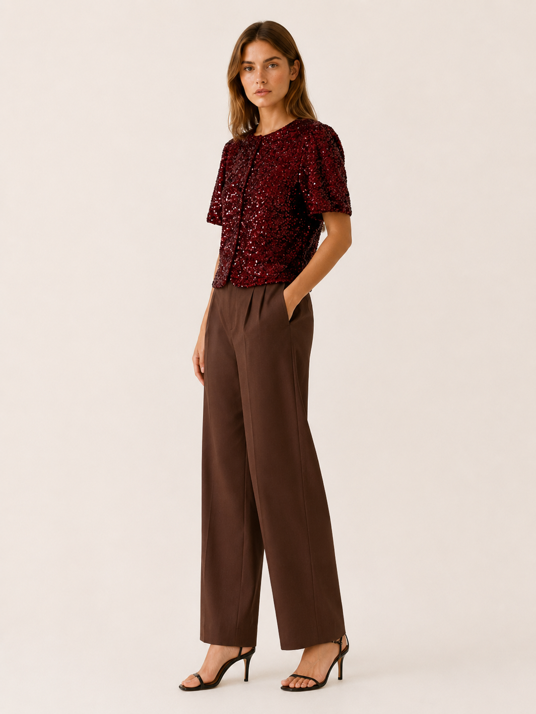 Brown Sequin Top with Puff Sleeves – side view