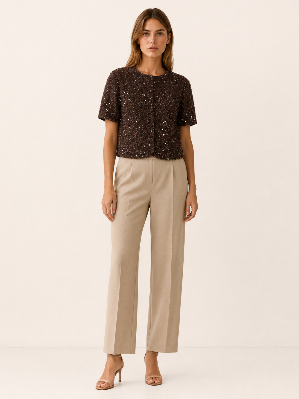 Crimson Sequin Top with Puff Sleeves – detail view