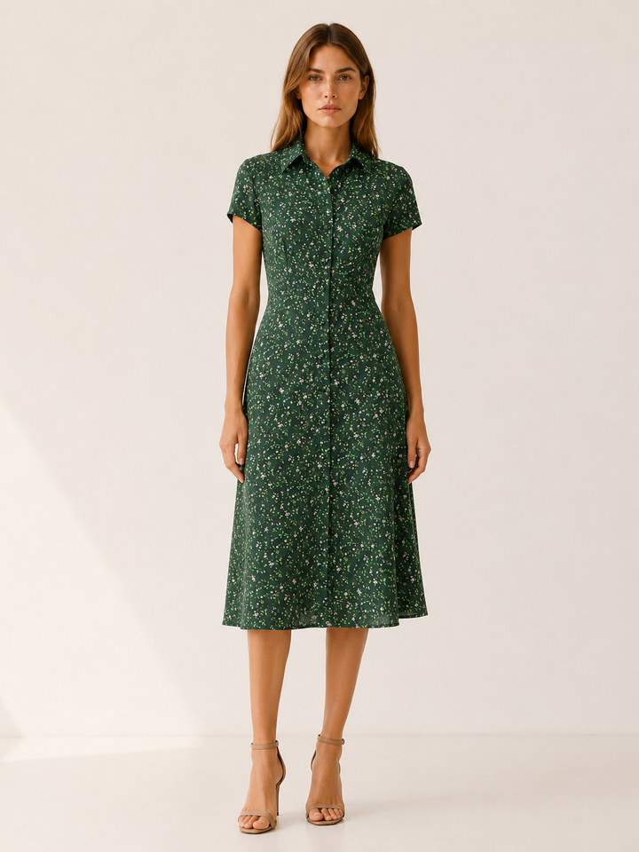 Green Floral Midi Dress with Button Front – front view