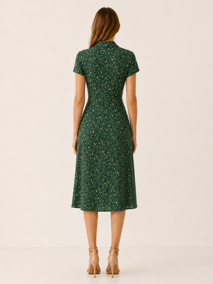Green Floral Midi Dress with Button Front – side view