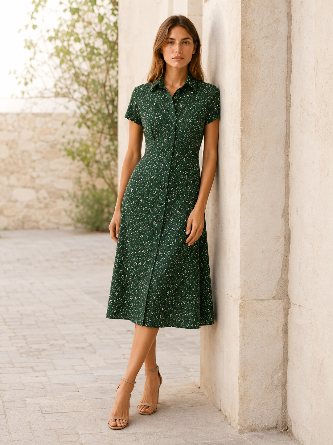 Green Floral Midi Dress with Button Front – back view