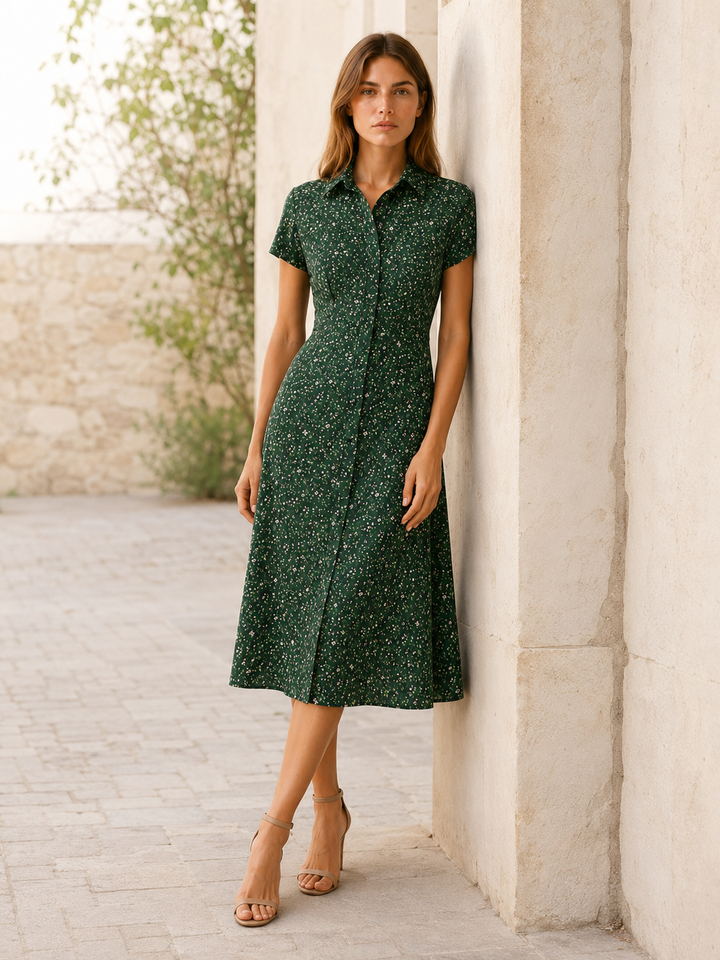 Green Floral Midi Dress with Button Front – back view