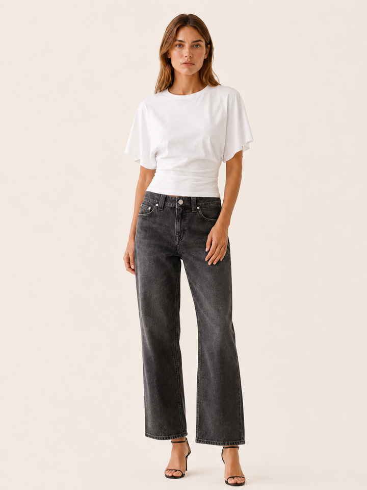 White Fitted Waist Top with Flared Sleeves – front view