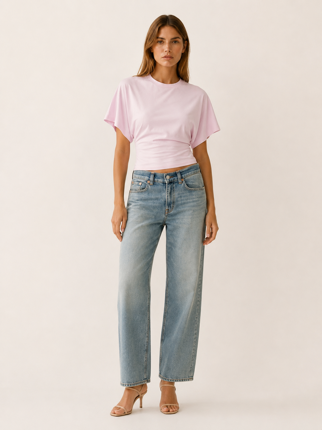 White Fitted Waist Top with Flared Sleeves – close-up