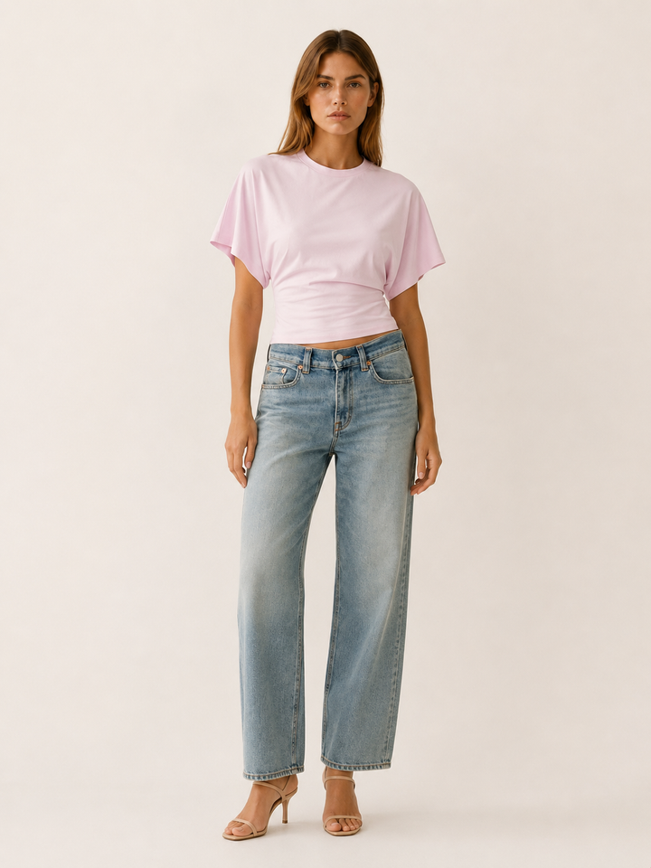 White Fitted Waist Top with Flared Sleeves – close-up
