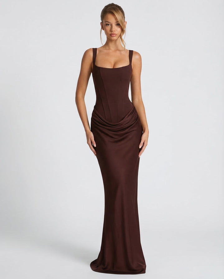 ARIA Hourglass Maxi Dress - women's maxi dress, model wearing it, three-quarter view