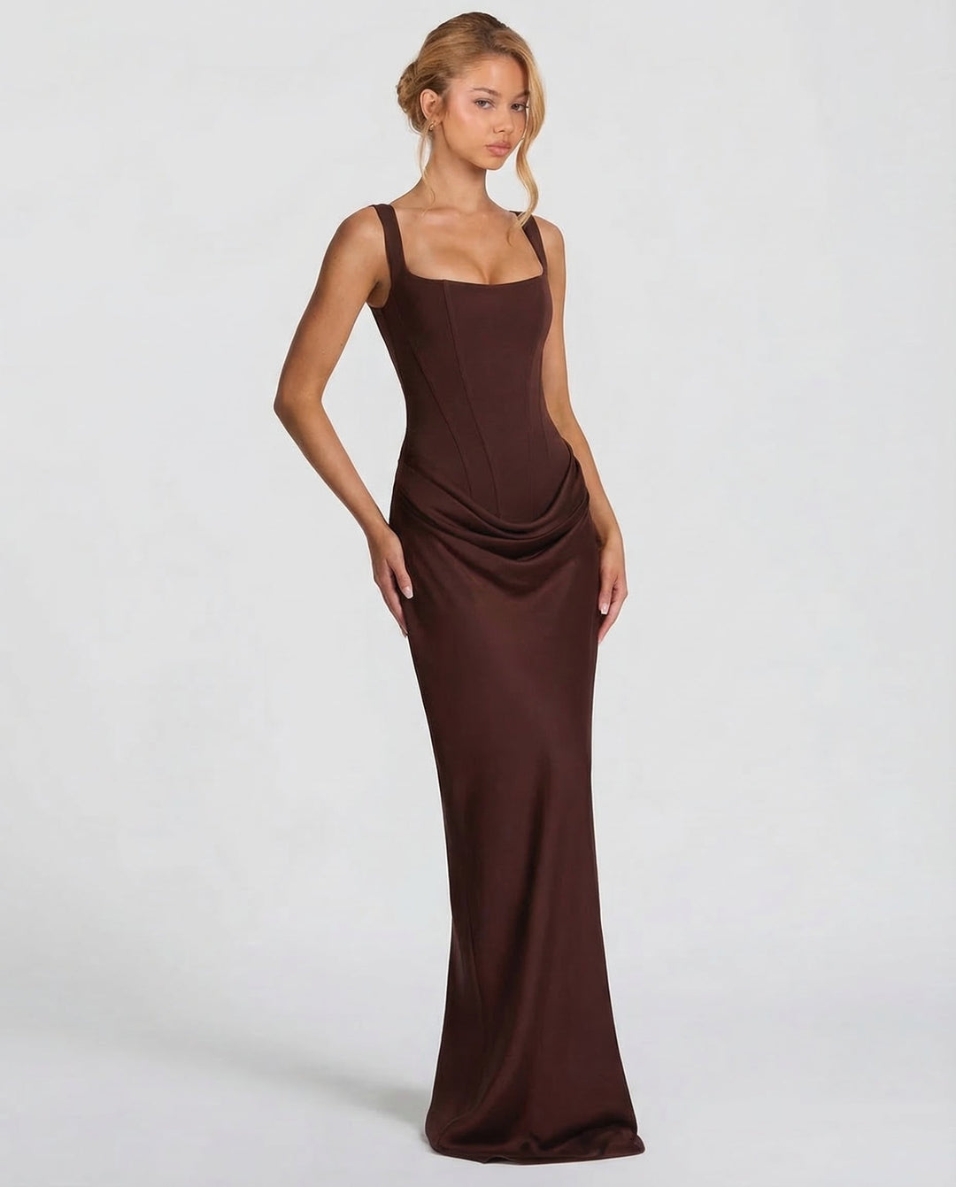 ARIA | Hourglass Maxi — women's maxi dress, close-up of the fabric and neckline