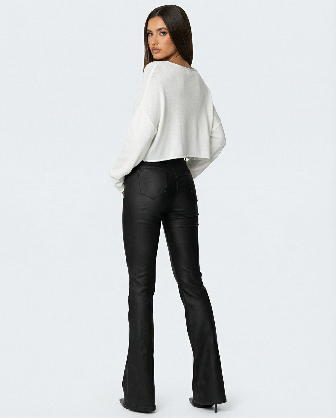 ARIA | Edge Flare Pants — women's pants, close-up of the fabric and waistband