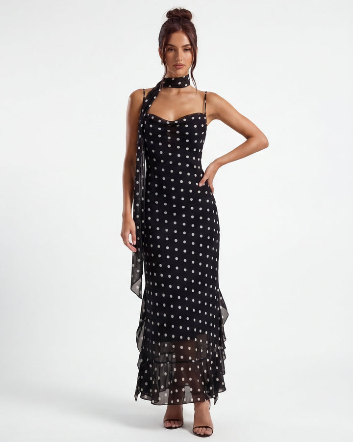 Noir Polka Maxi — women's maxi dress, front view