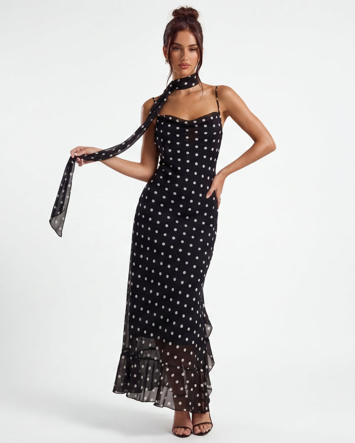 Noir Polka Maxi Dress - women's maxi dress, detail close-up