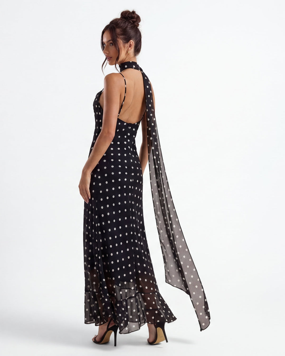 Noir Polka Maxi Dress - women's maxi dress, side view
