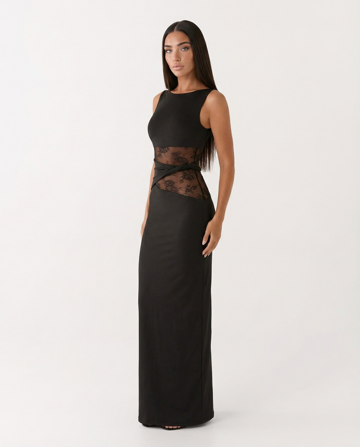 Lace Illusion Maxi Dress - women's maxi dress, back view