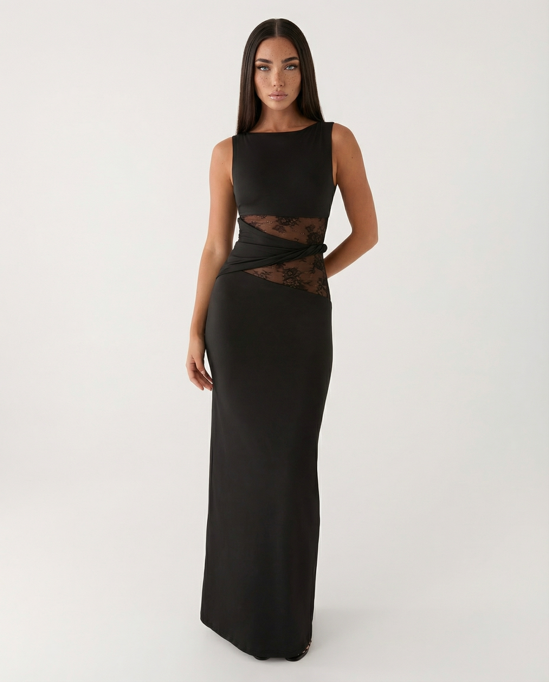 Lace Illusion Maxi Dress - women's maxi dress, side view
