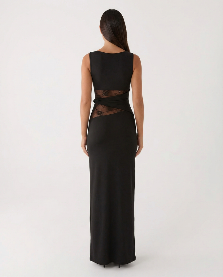 Lace Illusion Maxi Dress - women's maxi dress, detail close-up