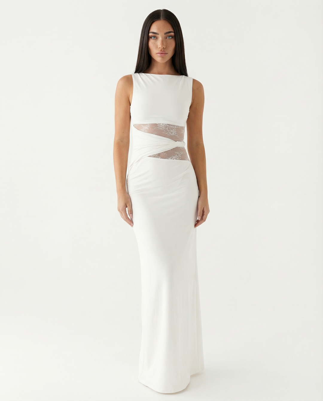 Lace Illusion Maxi Dress - women's maxi dress, neckline detail