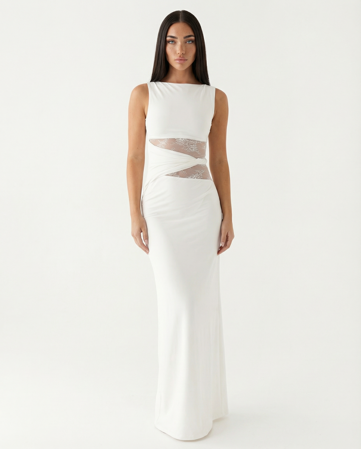 Lace Illusion Maxi Dress - women's maxi dress, neckline detail