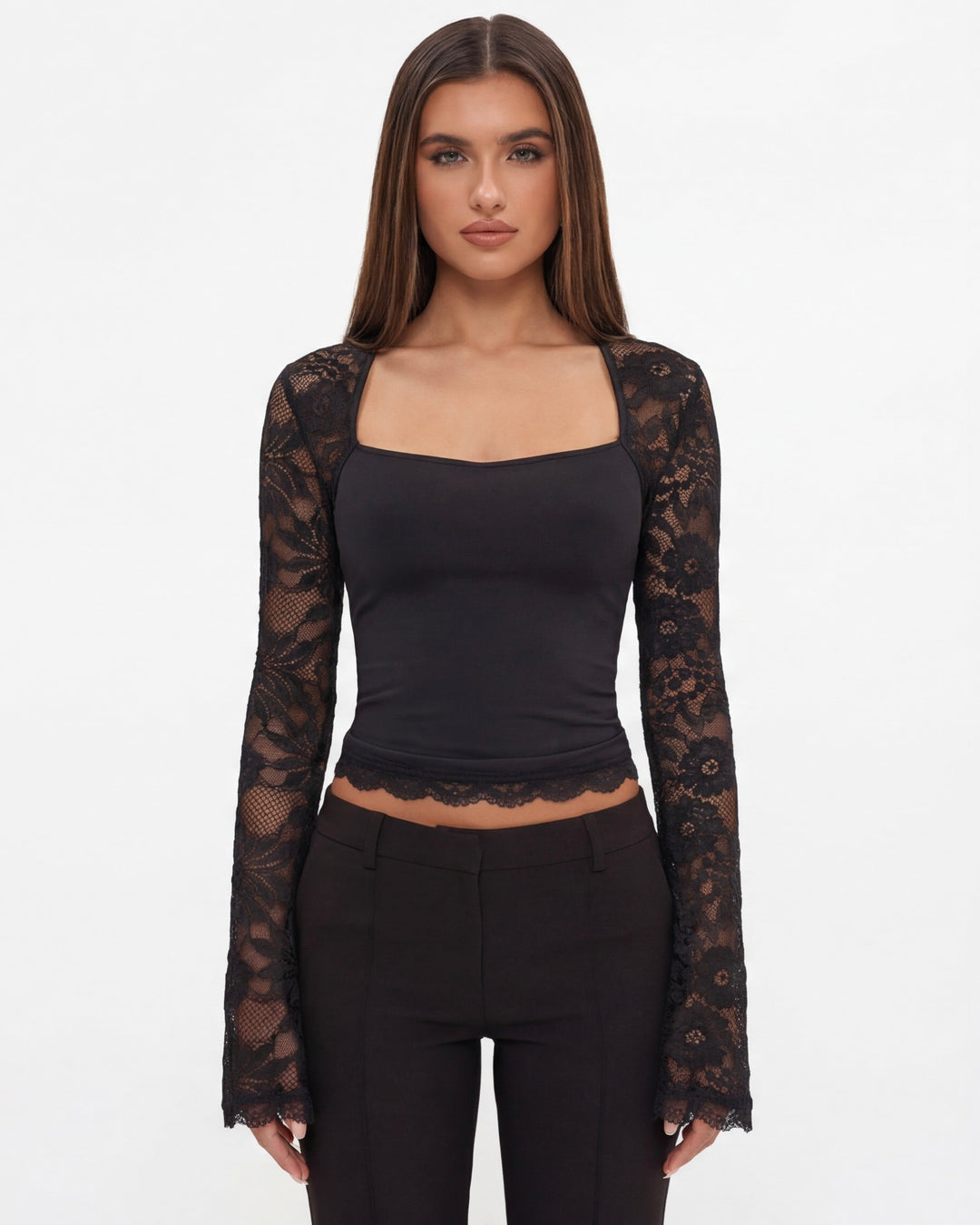 Lace Affair Long Sleeve Top — women's top, close-up of the fabric and neckline