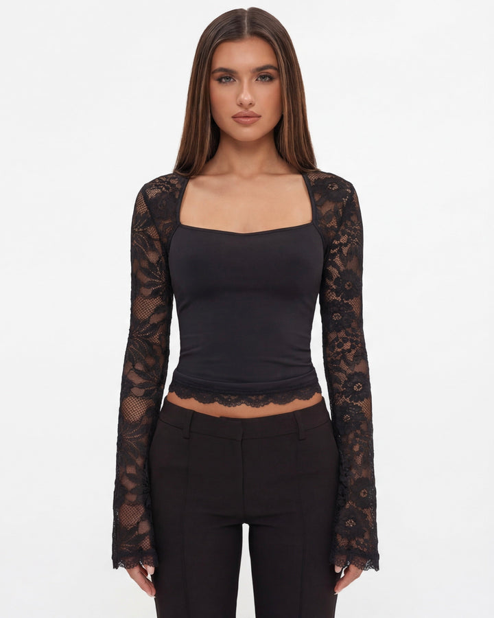 Lace Affair Long Sleeve Top — women's top, close-up of the fabric and neckline