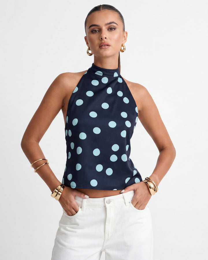 Polka Muse Halter Top — women's top, detail of the stitching and finish