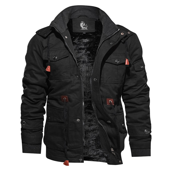 Black Survival cotton jacket, front view on model