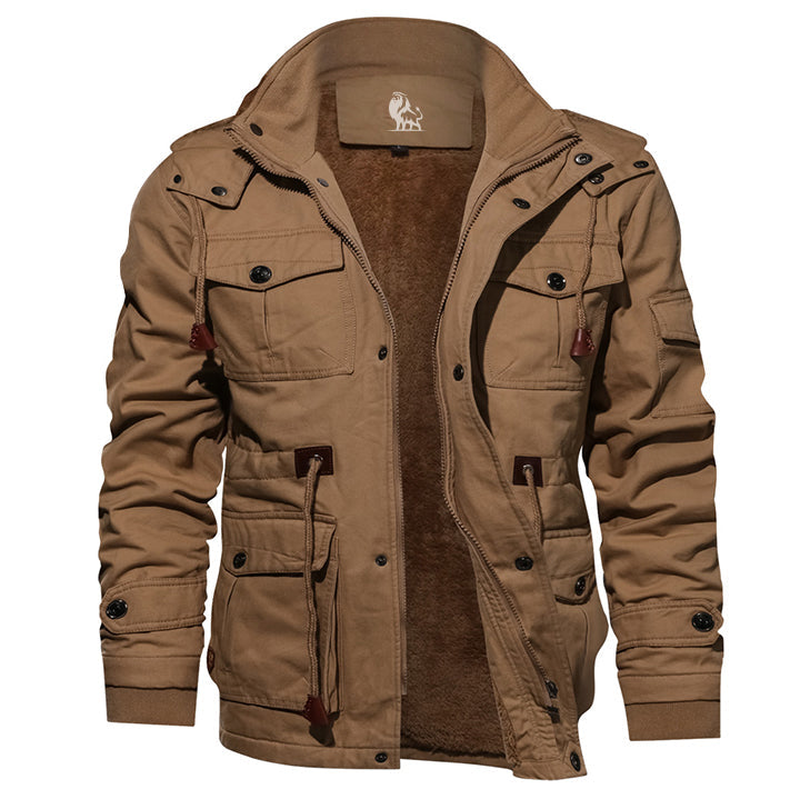 Rust brown Survival cotton jacket, front view on model