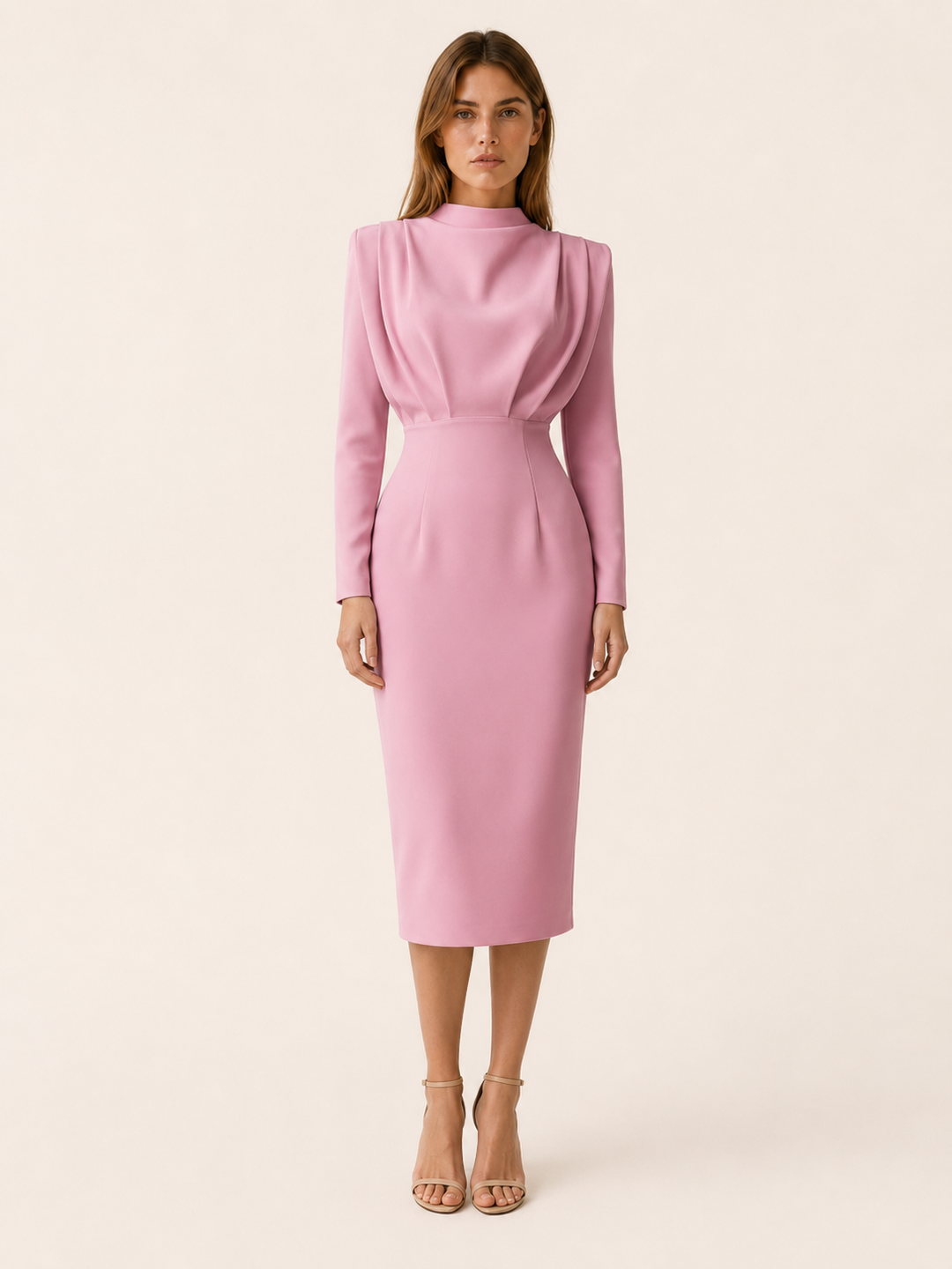 Pink High Neck Midi Dress with Long Sleeves – front view