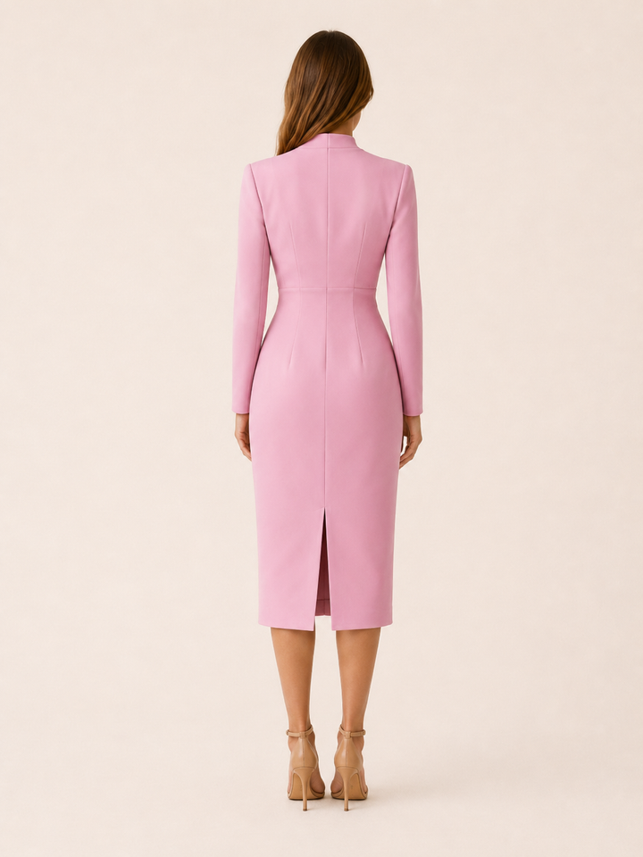 Pink High Neck Midi Dress with Long Sleeves – back view