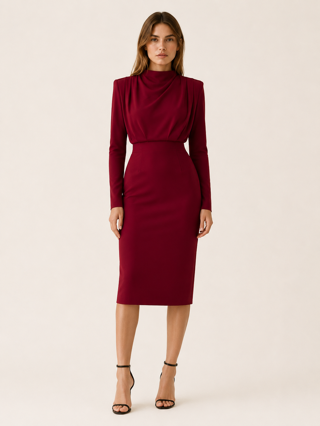 Wine Red High Neck Midi Dress with Long Sleeves – lifestyle