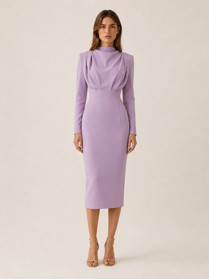 Pink High Neck Midi Dress with Long Sleeves – full length view