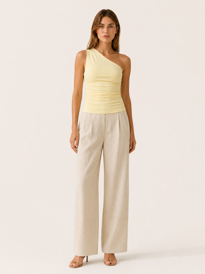 Light Yellow One Shoulder Top with Ruched Fit – front view