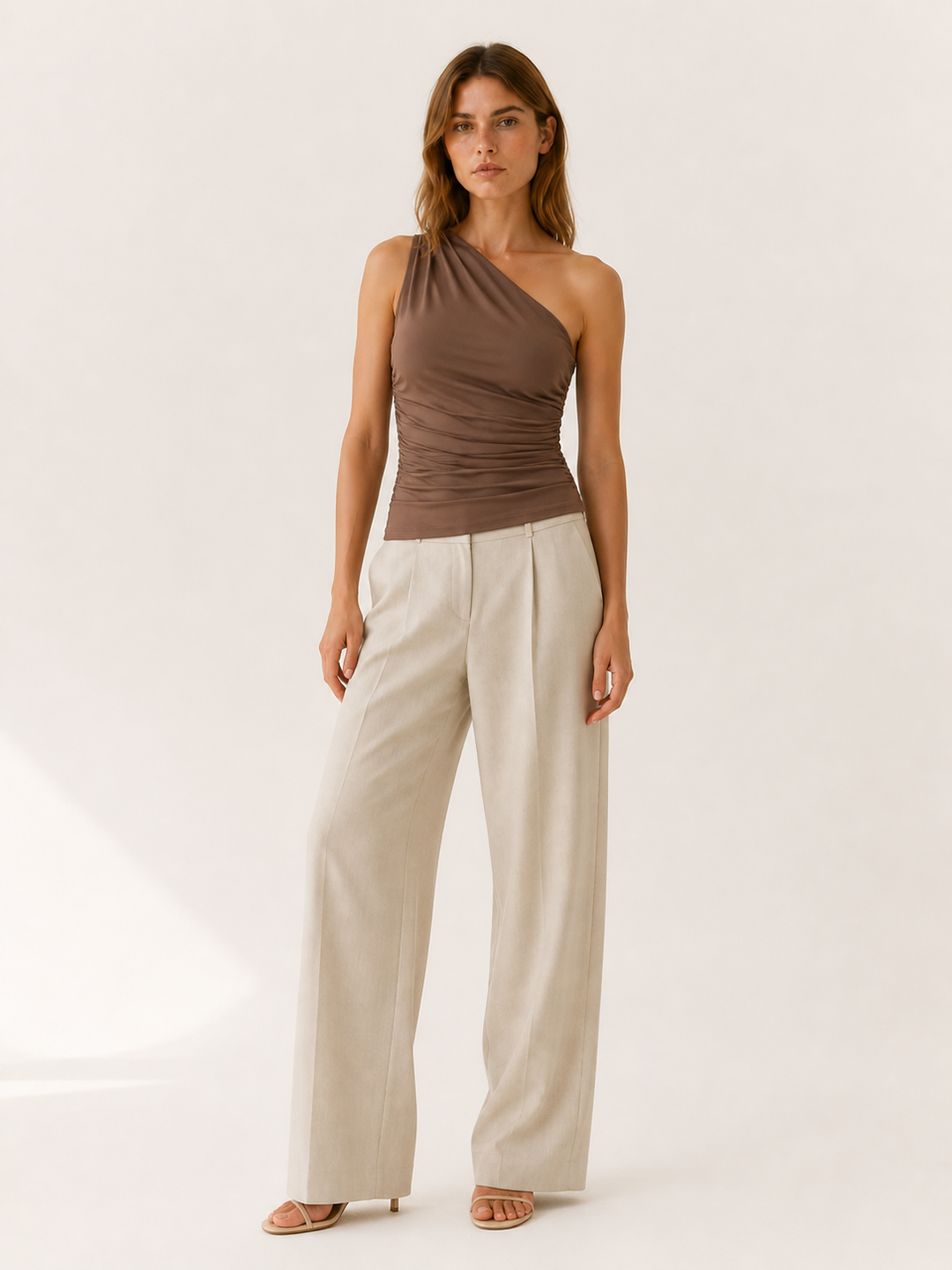 Light Yellow One Shoulder Top with Ruched Fit – detail view