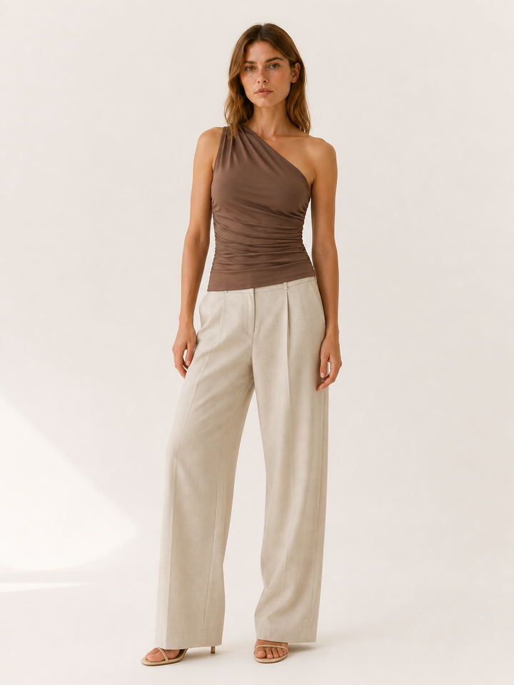 Light Yellow One Shoulder Top with Ruched Fit – detail view