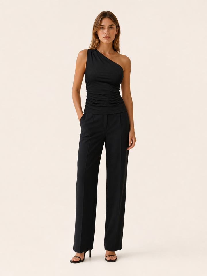 Brown One Shoulder Top with Ruched Fit – close-up