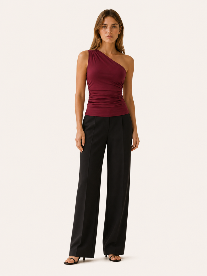 Black One Shoulder Top with Ruched Fit – lifestyle