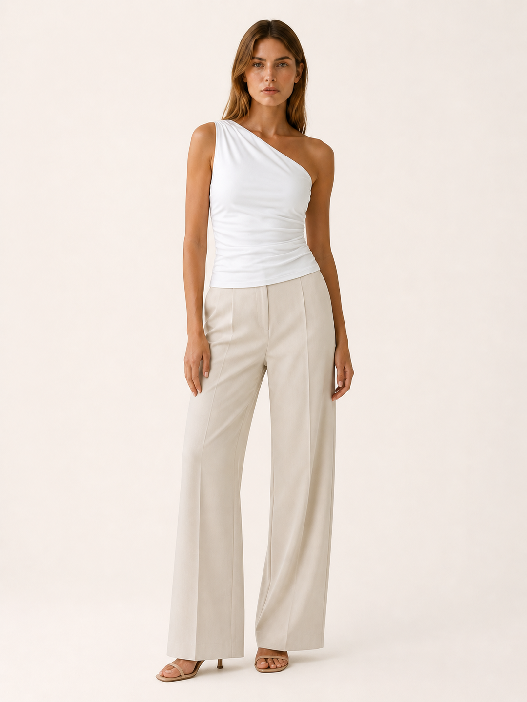 Light Yellow One Shoulder Top with Ruched Fit – full length view