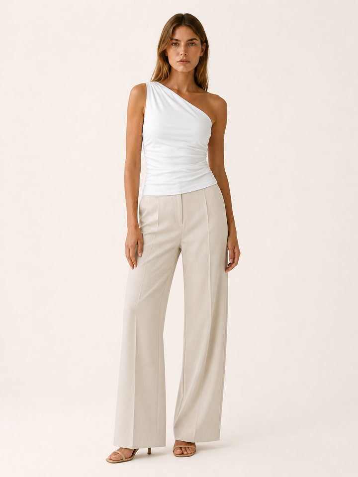 Light Yellow One Shoulder Top with Ruched Fit – full length view