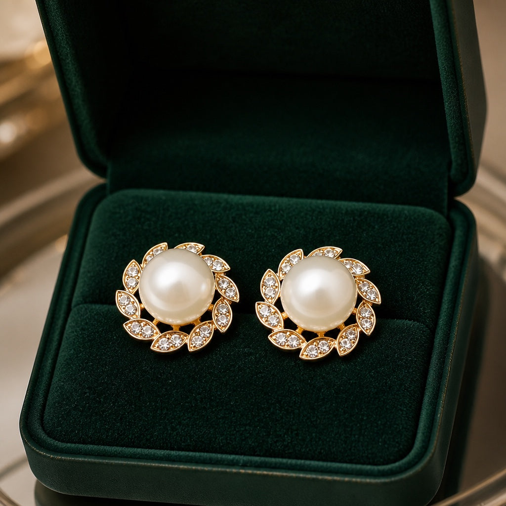 Freshwater pearl leaf drop earrings shown against a plain white background